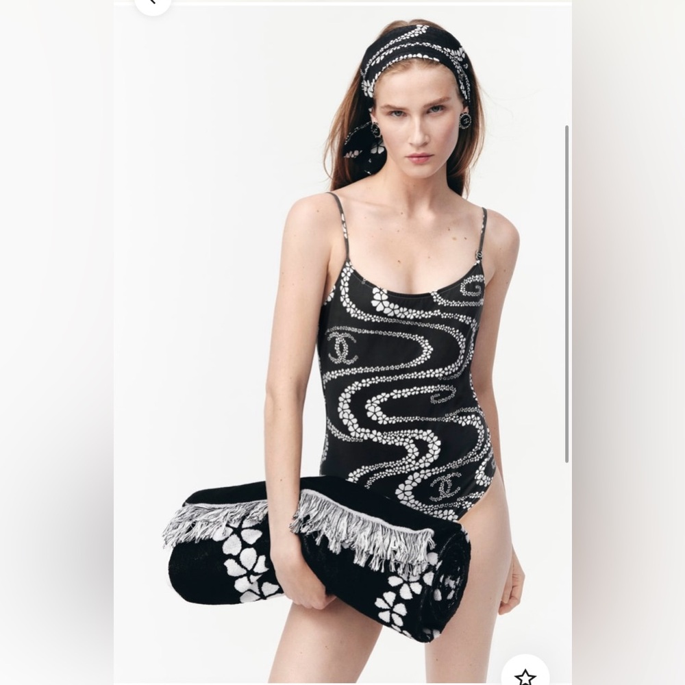Sold on eBay CHANEL 25M  COCO BEACH Black/ Gray logo Swimsuit Bodysuit Size 38